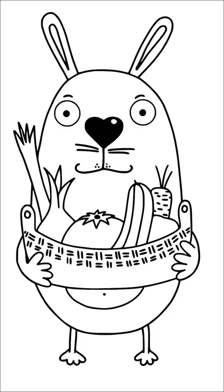 Um coelho segura uma cesta cheia de vegetais, incluindo um tomate, uma cenoura e alhos-porós. O coelho tem um nariz em forma de coração e olhos grandes e curiosos. Suas orelhas estão eretas, dando-lhe uma aparência atenta. A cesta é decorada com um padrão simples.