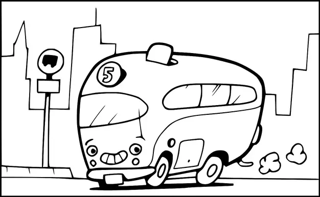 Um ônibus alegre com um rosto animado está passando por um ponto de ônibus, marcado com o número cinco. A paisagem urbana ao fundo inclui prédios altos. Nuvens de escape são visíveis atrás do ônibus, indicando movimento.
