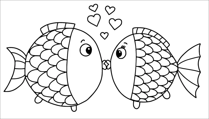 Dois peixes com olhos grandes se encaram, posicionados como se estivessem se beijando. Formas de coração flutuam acima deles, sugerindo afeto. Os peixes têm escamas e barbatanas proeminentes.