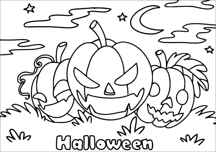 Três abóboras de Halloween com expressões sinistras estão em um campo sob uma lua crescente e estrelas. Nuvens esvoaçantes flutuam pelo céu, criando uma atmosfera assustadora. A grama envolve as abóboras, realçando o tema do Halloween. A palavra "Halloween" está escrita em negrito na parte inferior.