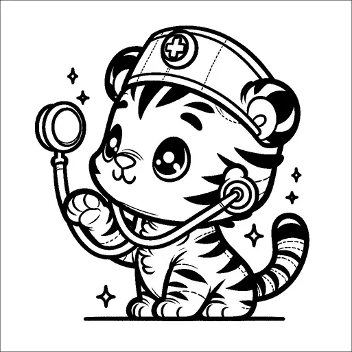 Um adorável filhote de tigre está usando um chapéu de enfermeira e segurando um estetoscópio. O tigre tem olhos grandes e uma expressão amigável. Faíscas cercam o tigre, adicionando um toque mágico. A atmosfera geral é lúdica e imaginativa.