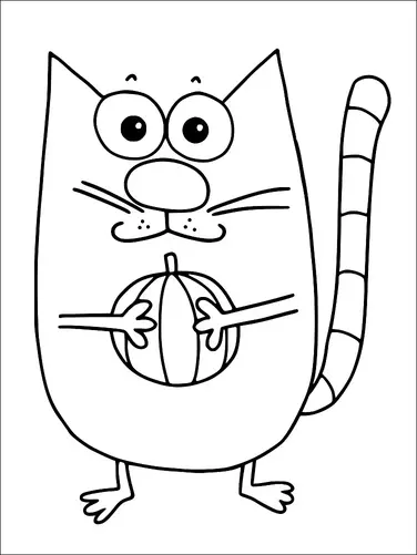 En tecknad katt visas stående upprätt, hållande ett pumpa med båda tassarna. Katten har en stor, ovalformad kropp och en randig svans. Dess stora ögon och lilla nos ger den ett lekfullt uttryck. Pumpan har distinkta vertikala spår.