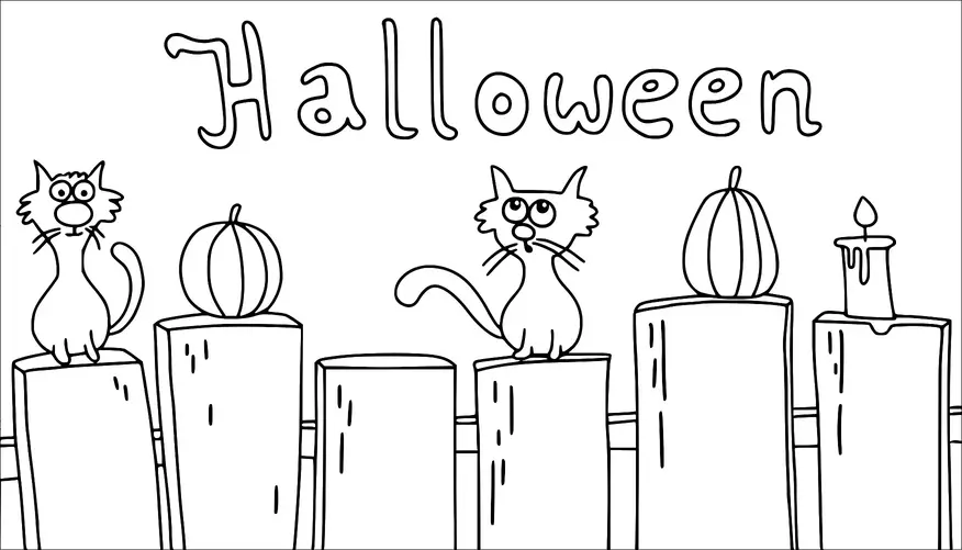 Två katter sitter på ett trästaket omgivna av pumpor och ett tänt ljus. Ovanför dem visas ordet "Halloween" framträdande. Scenen förmedlar en festlig Halloween-atmosfär. Katterna har lekfulla, stora ögonuttryck.
