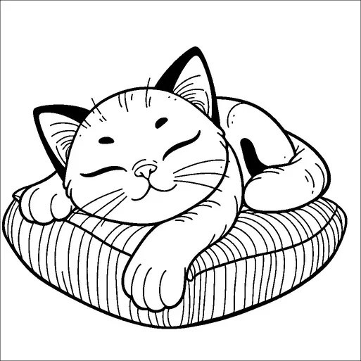 En nöjd katt sover fridfullt på en randig kudde med stängda ögon och instoppade tassar. Katten ser avslappnad och bekväm ut, vilket antyder en lugn och mysig atmosfär. Dess öron är lite upprättade, vilket bidrar till dess bedårande utseende. Kudden under har en enkel design som kompletterar kattens avslappnade pose.
