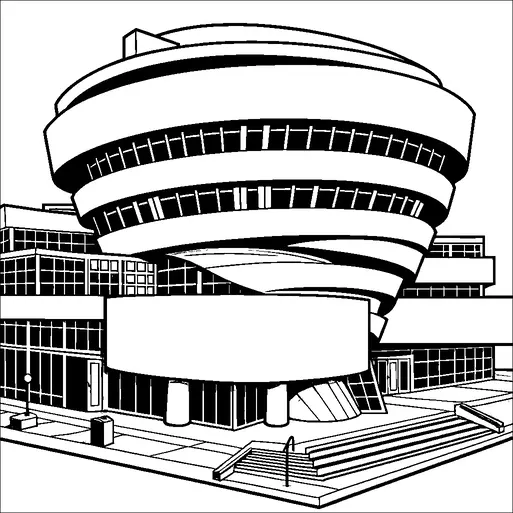 En stiliserad bild av en distinkt, cylindrisk byggnad med en spiralramp och en serie rektangulära fönster. Strukturen verkar modern och har en kombination av kurviga och vinklade element. Miljön inkluderar en gångväg med trappsteg och små detaljer som en gatlykta och en soptunna. Byggnaden liknar ett ikoniskt museum eller ett arkitektoniskt landmärke.