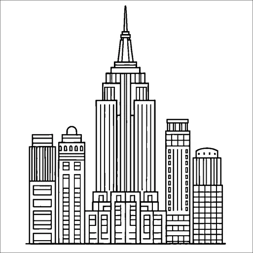 En samling skyskrapor, inklusive en som liknar Empire State Building, dominerar stadssilhuetten. Byggnaderna visas med varierande höjder och arkitektoniska stilar. De flesta strukturerna består av rektangulära former, med ytterligare mindre geometriska detaljer. Den högsta byggnaden har en distinkt spira på toppen.