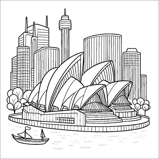 Sydneyoperahuset visas framträdande mot en bakgrund av moderna skyskrapor, inklusive ett högt torn. Träd är utspridda runt den ikoniska byggnaden och lägger till grönska i stadsscenen. En liten segelbåt syns på vattnet i förgrunden. Kompositionen skapar en pittoresk vy över Sydneys arkitektoniska landmärken.