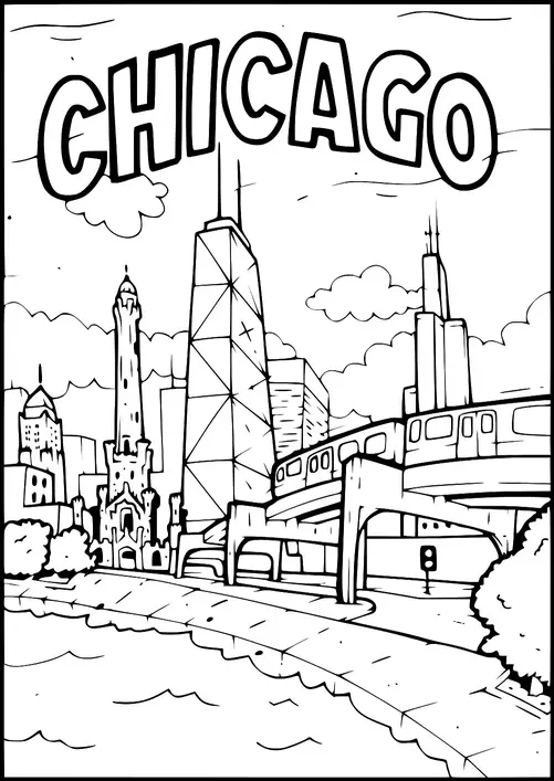 Chicago'nun silueti, John Hancock Merkezi ve Willis Kulesi gibi ikonik binaların yer aldığı bir şekilde resmedilmiştir. Tarihi Chicago Su Kulesi de görüntüde yer almaktadır. Ön planda raylar üzerinde yükseltilmiş bir tren bulunurken, yakında bir su kenarı yolu bulunmaktadır. 'CHICAGO' kelimesi üst kısımda belirgin bir şekilde sergilenmektedir.