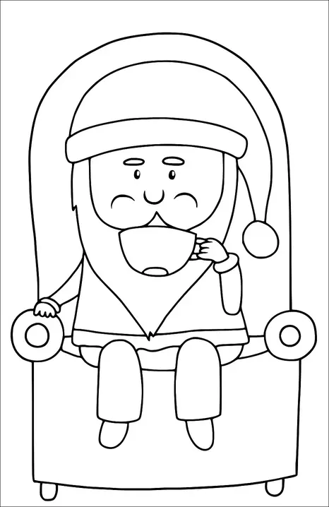 Neşeli bir Noel Baba, rahat bir koltukta oturuyor ve elinde sıcak bir şeyler var. İfadesi rahat ve memnun. Noel Baba, klasik püsküllü şapkasını takıyor. Koltuğun kolçakları dairesel.
