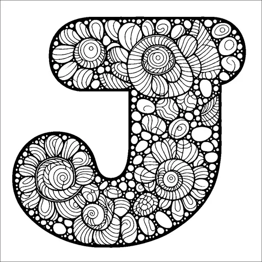 Büyük bir "J" harfi karmaşık dairesel ve dalgalı çiçek desenleriyle doludur. Tasarım, sayısız konsantrik daire ve taç yaprakları ile detaylarla zengindir. Her çiçek motifi benzersizdir ve harfin şekli içinde karmaşık, dekoratif bir görünüm oluşturur. Genel etki, uyumlu ve görsel olarak çekicidir.