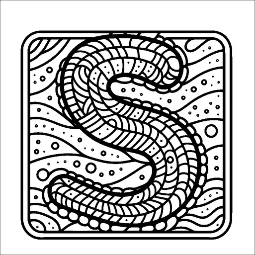 Bir kare çerçeve içinde karmaşık bir şekilde tasarlanmış dalgalı desenler ve nokta vurguları ile stilize bir "S" harfi bulunmaktadır. Arka plan, bir hareket hissi yaratan dalgalı çizgiler ve dairesel motifler içerir. Tüm kompozisyon simetrik ve dengelidir. Dinamik ancak uyumlu bir görsel sunar.